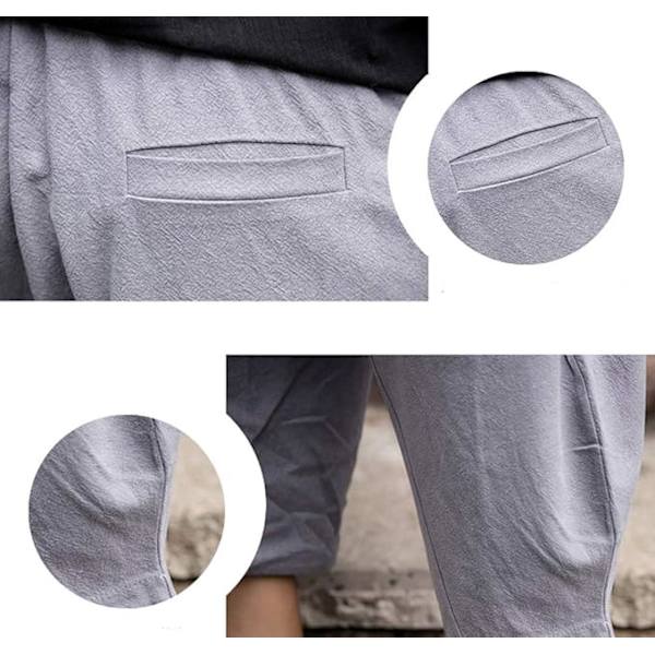 Herr Långbyxor i Bomull och Linne, 3/4 Längd, Sommar Casual Boho Långbyxor med Elastisk Midja, Vida Ben, Strand Yoga Byxor XXL Wine Red