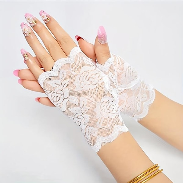 Blonder fingerløse hansker Uformelle elastiske blomsterhansker Kjørehansker Bryllupsdekorative hansker for kvinner White