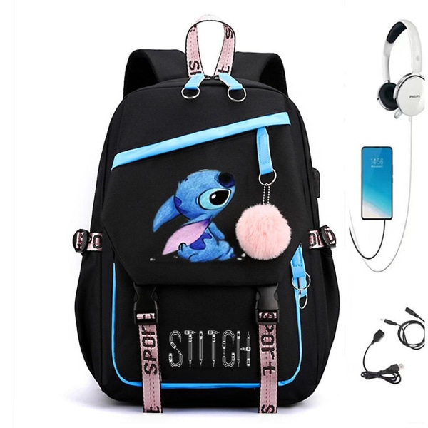 Lilo & Stitch -aiheinen reppu, opiskelijoiden suurikapasiteettinen koululaukku, lasten matkareppu USB-latausportilla, lahjat