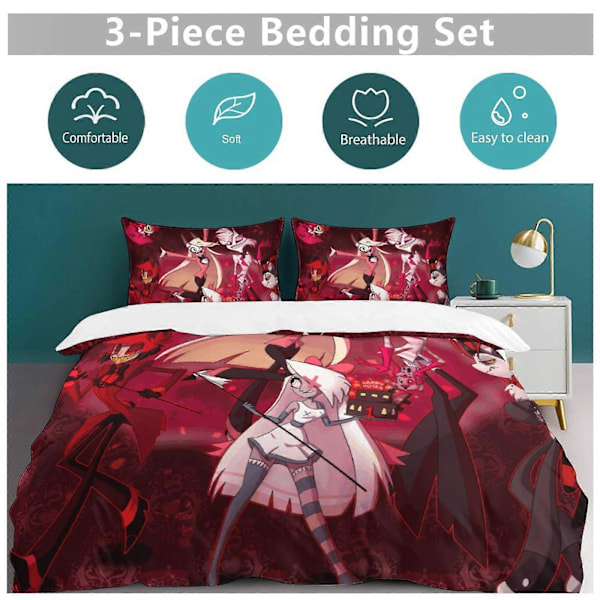 c335 Hazbin Hotel Helluva Boss -vuodevaatesetti, peittopussi, mukava ja kevyt sarjakuva-vuodevaatesetti, 3-osainen sänkysetti, yhden hengen (1 peittopussi ja 2 tyynyliinaa) 240x260cm 94x102in