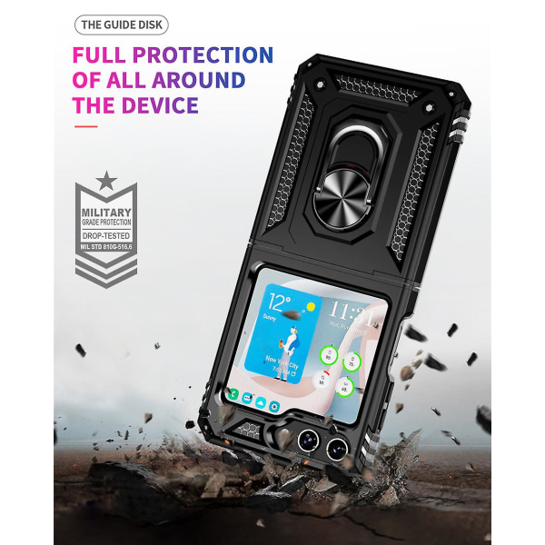 Z Flip 5 case, sotilasluokan putoamisen estävä case , yhteensopiva Samsung Galaxy Z Flip 5 -puhelimelle, jossa rengaspidike ja saranasuoja Black For Galaxy Z Flip 5