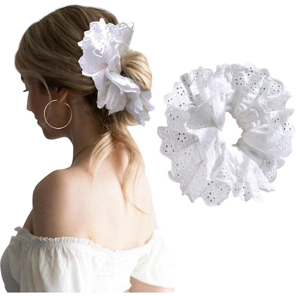 Fortykkede hvide blondehårscrunchies, Lolita blonde store scrunchies blomsterhårbånd, hvide blonde scrunchies store til kvinder piger White