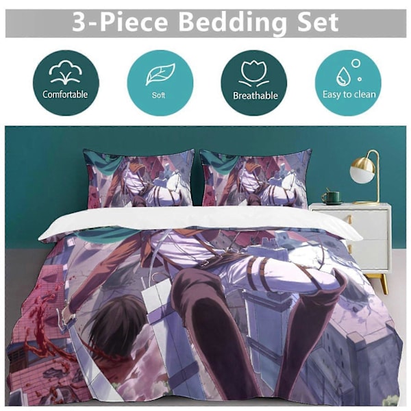 v1404 Attack On Titan Täcke Set Tjockt Mjukt 3 Delars Sängklädesset Året Runt Täcke med 2 Örngott för Vuxna Kvinnor Flickor Tonåringar Hem Rum Deco 200x200cm 78x78in