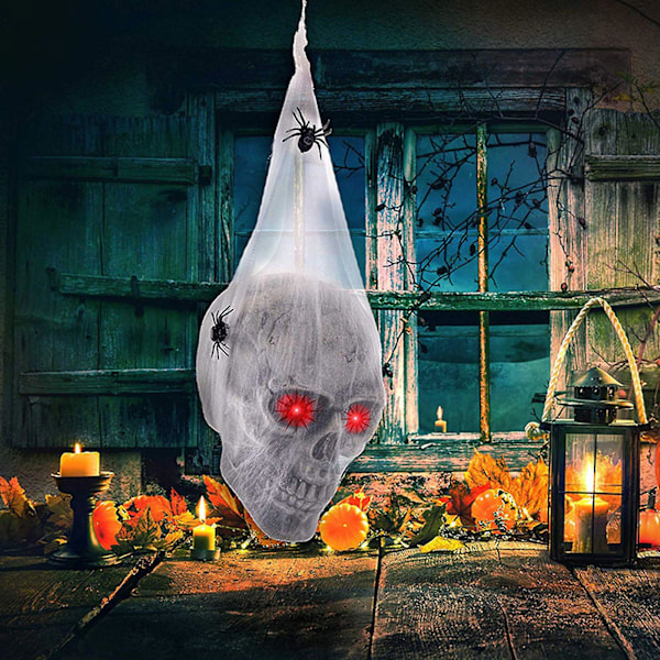 Halloween-kallokoriste Aktivoitu Luurankokallokoriste LED-punaisilla silmillä ja keinotekoisella hämähäkillä Haukutustalon koristeelliset rekvisiitat Halloween-juhlan koristelu Skull