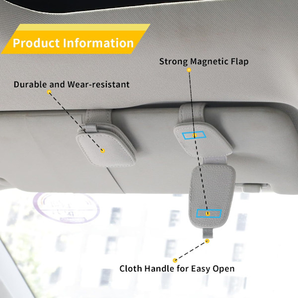 2 Pakk Solbrillegardinholdere for Bilskjerm - Magnetisk Lær Solbrillegardinholder og Billettkortklips - Bilskjerm Tilbehør grey