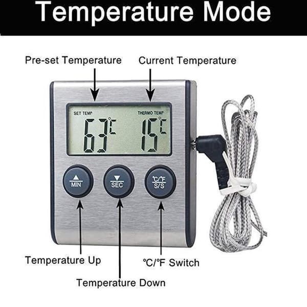Kødtermometer - Køkkentermometer - Rustfrit stål - Digital - Grilltermometer - Med timer - Magnetisk - Termometer også velegnet til kød, grill, ovn