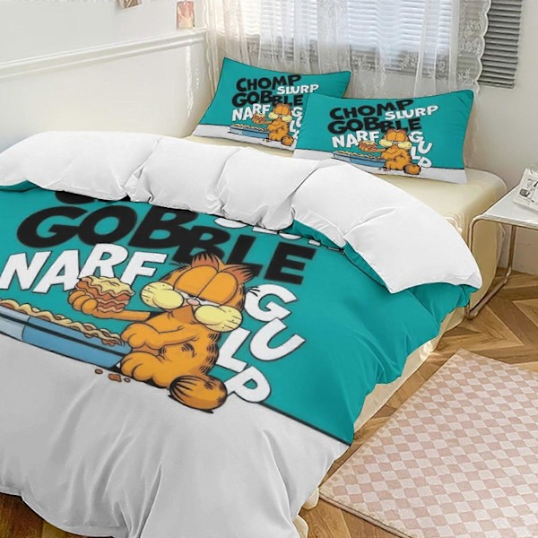 v7273 Sängkläder Ät Mat Garfield Täcke Set Mjukt 3 Delar Enkel Sängklädesset Tjockare för Alla Säsonger, 1 Täcke 2 Örngott Sängkläder 135x200cm 53x78in