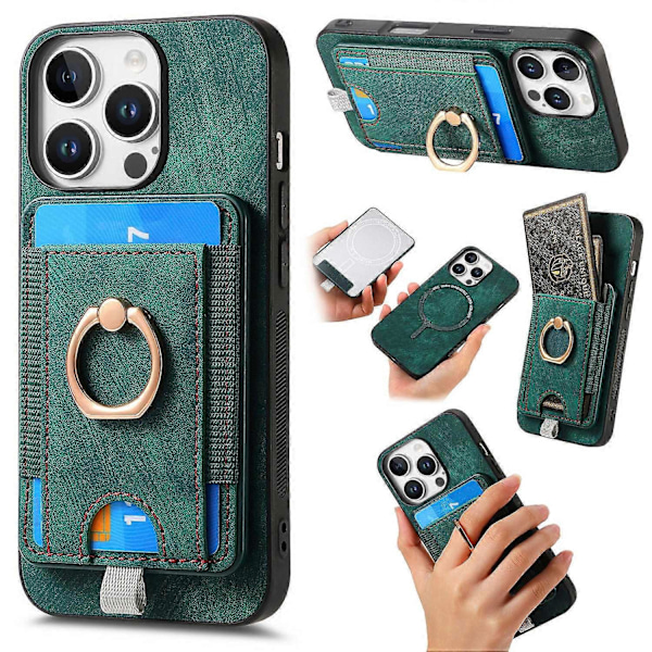 D7 Magnetiskt Skal med Kortfack, Ringstativ och PU-Läder för iPhone 16 Pro - Multicolor Green