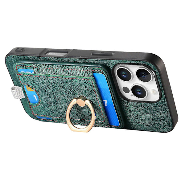 D7 Magnetisk Case til iPhone 16 Pro med Kortlomme, Ring-Stativ og PU Læder - Multicolor Green