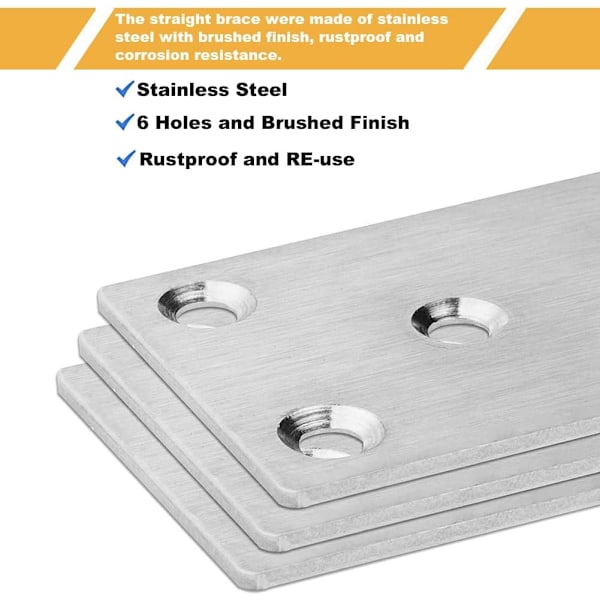 20 stk. flade samlingsplader 80x40mm lige reparationsplader flad pladebeslag forbindelses reparationsplader rustfrit stål (sølv)