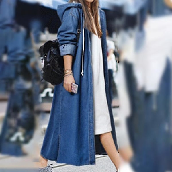 Dame Baggy Denim Jakker Langærmet Snørebånd Trenchcoat Efterår Hættetrøjer Overfrakker Deep Blue XL