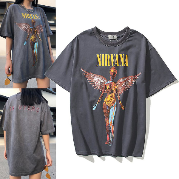 Nirvana Angels Rock Band herr kortärmad tröja för par med lös retro t-shirt grey XL