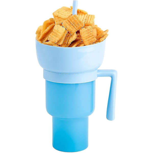 Snack og drikkekop 2 i 1, stadionkrus, snackkopskål med sugerør, genanvendelig snack og drikkekop, stænksikker lækagesikker bærbar snackkop, 2-lags Sky Blue