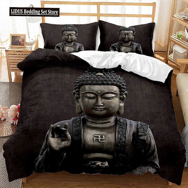 v1377 Lakanat Buddha Pussilakanasetti Eksoottinen Etninen Boheemi Kultainen Musta Lootuskukkia Vuodevaatesetti Parisänky Queen King Polyesteri Peittopussi 3-osainen 135x200cm 53x78in
