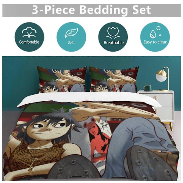 x492 Gorillaz 3-osainen vuodevaatesetti Lämmin ja mukava pehmeä pussilakanasetti, jossa 1 pussilakana ja 2 tyynyliinaa makuuhuoneeseen b492 135x200cm 53x78in