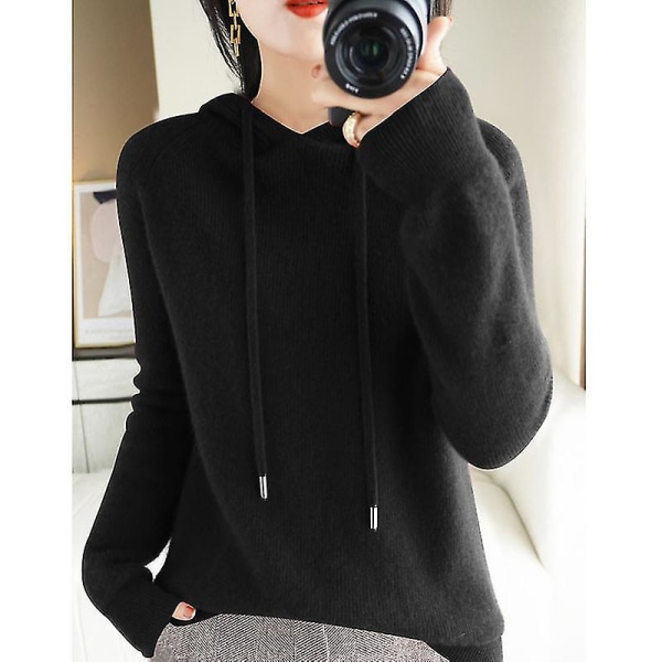 Efterår Vinter Hætte Cashmere Sweater Kvinde Pullover Løs 100% Ren Uld Hoodie Languid Lazy Vind Strik Base Hoodie XL Black