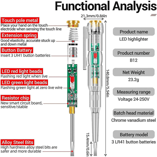 Responsiv elektrisk testpenna, spänningsdetektorpenna, 24-250v elektrisk testpenna Skruvmejsel, med indikatorlampa Testpenna Sensorspänning