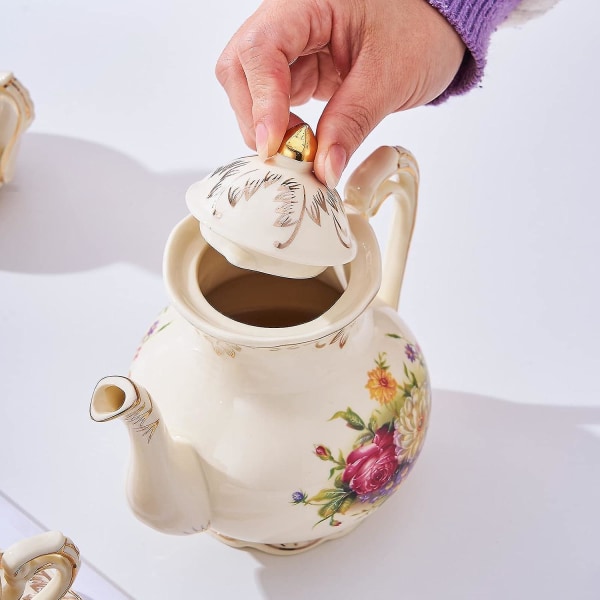 Porcelæns tekande 800ml (3-4 kopper), Vintage elfenbens tekande med guld blad kant design Flower