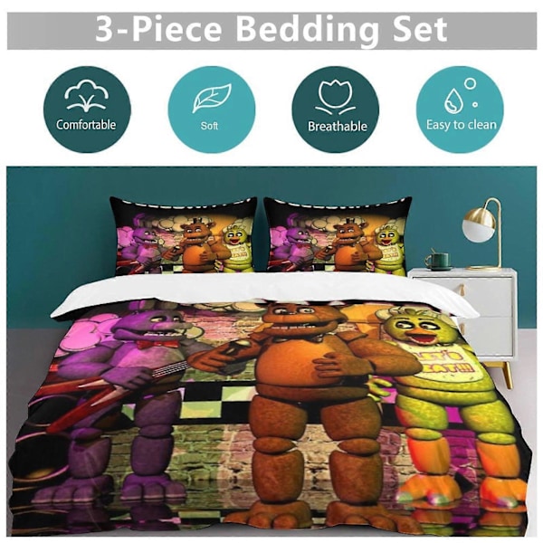 x254 Five Nights at Freddy's Dynebetræk i Mikrofiber Sengelinned Sæt 3D Printet Letvægts 3 Dele Dynesæt, 1 Dynebetræk og 2 Pudebetræk 240x260cm 94x102in