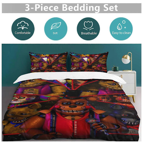 x256 Five Nights at Freddy's FNAF Dynetrekk Mikrofiber Sengetøy Sett 3D Trykt Lettvekt 3-delt Dynesett, 1 Dynetrekk Og 2 Puter 200x200cm 78x78in