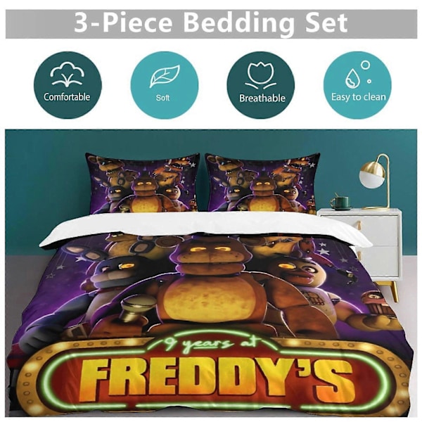 x284 Five Nights at Freddy's FNAF Dynetrekk Mikrofiber Sengetøy Sett 3D Trykt Lettvekt 3-delt Dynesett, 1 Dynetrekk og 2 Puter 200x200cm 78x78in