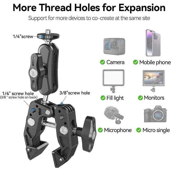 Kameramonitor Super Clamp Mount 360 Ballhead Magic Arm Med 1/4\" 3/8\" Port Cykel Motorcykel Handtagsfäste Tillbehör För Canon Nikon Black