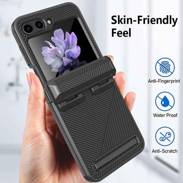 Case , joka on yhteensopiva Samsung Galaxy Z Flip 5:n kanssa, kova PC:n kattava cover , jossa on näkymätön tukijalusta ja saranasuoja Black For Z Flip 5
