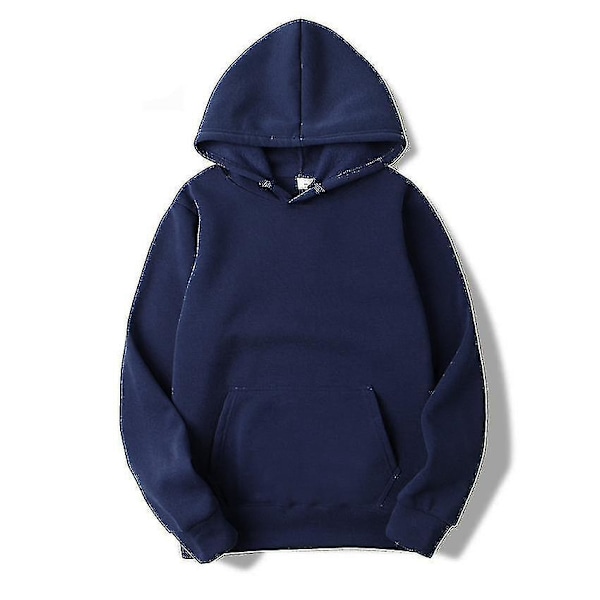 Polstret Genser Med Hette Og Ensfarget Design For Menn Og Kvinner, Hettegenser For Høst/Vinter, Marineblå 3XL