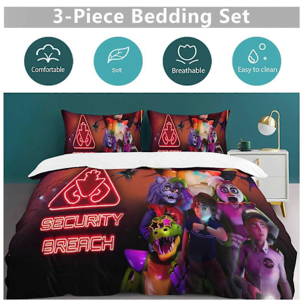 v1008 Five Nightat Freddy Täcke Set Tjockt Mjukt 3-delars Sängklädesset Året Runt Täcke med 2 Örngott för Vuxna Kvinnor Flickor Tonåringar Hemrum 135x200cm 53x78in