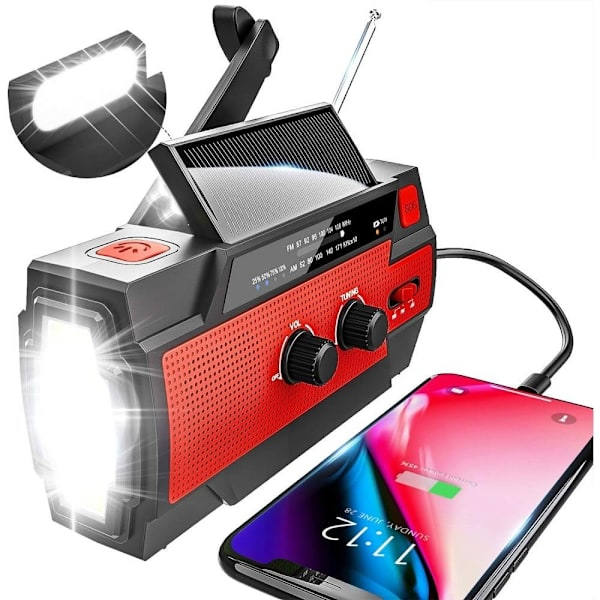 Nödradiomottagare med Vev, Solceller och AM/FM, Inbyggd 4000 mAh