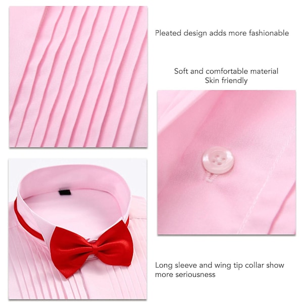 Bryllups smoking skjorte vinge spiss krage med sløyfe plissert skjorte mansjettknapper lang ermet vanlig topp for menn Pink 41