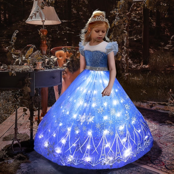 Frossen 1&2 Anna Elsa LED-lysende kjole Jenter Jul Rollespill Festkjole Snødronning Karneval Ballkjole LED Light Up Dress 4T (120)