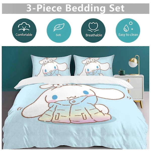 v1372 Cinnamoroll Dynesett Tykkere Mykt 3-delt Sengesett Helårs Dynetrekk med 2 Putetrekk for Voksne Kvinner Jenter Tenåringer Hjem Rom Dekor io 200x200cm 78x78in