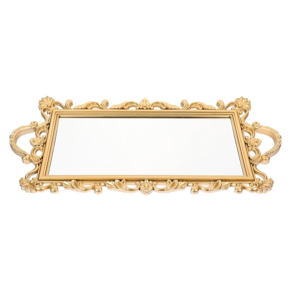 Makeup-fåfängebord smyckesdisplay platta glasfåfängebricka byrå arrangör bricka vintage spegelbricka glas byrå bricka Golden 47.5X23X2.7CM
