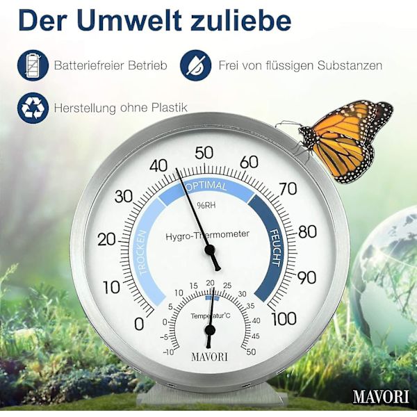 Analog hygrometer och termometer för inomhusbruk - Högkvalitativ hygrometer i rostfritt stål och rumstemperaturmätare för