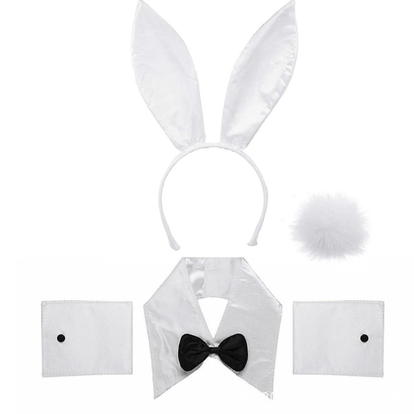 Bunny Costume Set Rabbit Ear Headband Collar Bow Tie Costume Cuffs Rabbit Tail For Easter Cosplay White