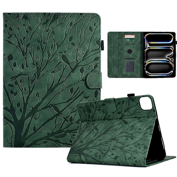 Lærveske med tre-mønster, folio-stativ, smart tablettdeksel for iPad Pro 11 (2024) - Multicolor Green