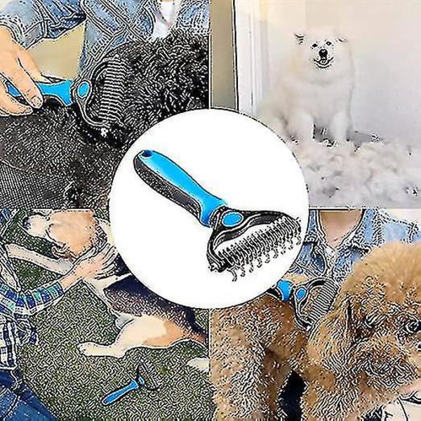 Børste for kjæledyrpleie - Dobbeltsidig børste for å fjerne floker og matter, ekstra bred, blå