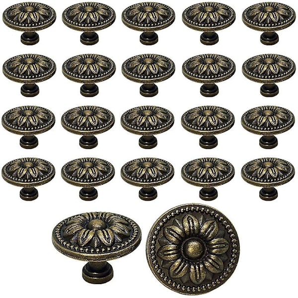 20 st Vintage Skåpdörr Lådknoppar 35mm Blomdesign Mässing Kökshandtag, För Byrå Och Möbelskåp, Antik Brons