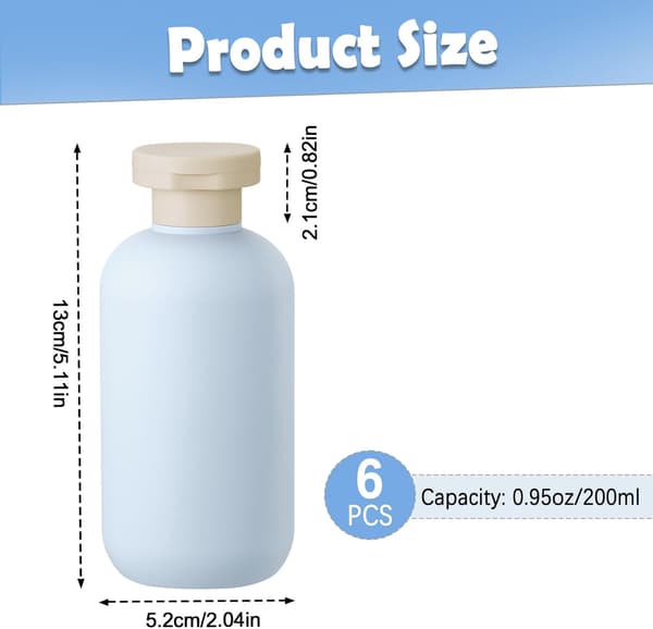 Set med 6 reseschampoflaskor, 200 ml påfyllningsbara reseflaskor för toalettartiklar, flexibla reseflaskor, tomma plastflaskor (ljusblå)