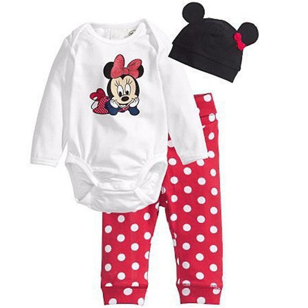 Nyfödd bebis kläder Mickey Minnie Mouse Outfit Spädbarn Romper Byxor Mössa Set Red 0-6 Months