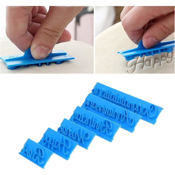 6 st kakform ordstämplar, Happy Birthday Best Wishes Congratulation Anniversary Handwritten Letter Cutter Set för DIY