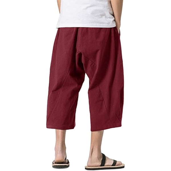 Herre Løs Bomuld Linned Shorts 3/4 Sommer Casual Boho Lange Shorts Elastisk Talje Brede Ben Strand Yoga Bukser L Wine Red