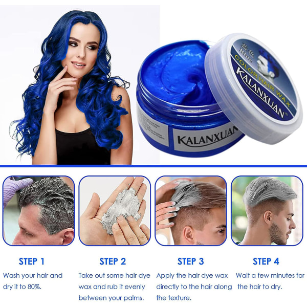 Midlertidig hårvoksfarve, blå hårfarve, blå hårvoks hårfarve mudder, hårsprayfarve til mænd Kvinder Øjeblikkelig styling Blue 100g
