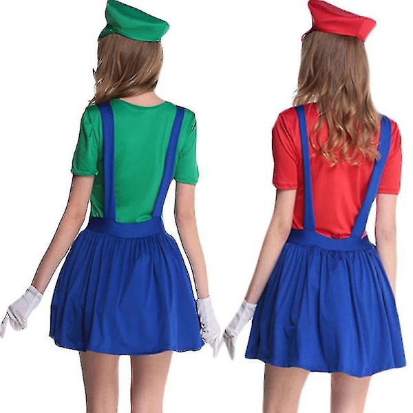 Super Mario Luigi Cosplay Kostume Voksen Børn Fancy Dress Up Outfit Tøj Green Women L