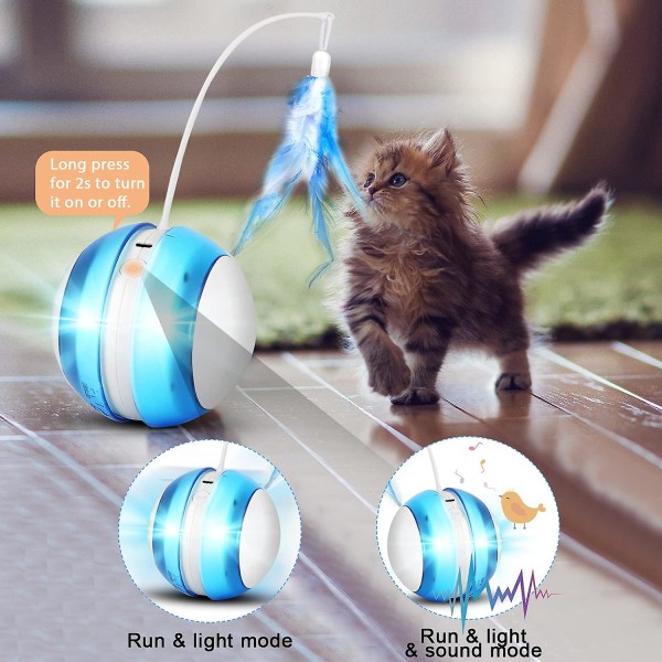 Interaktiv kattleksak med fjäder, 360 rullande elektrisk kattleksak Smart boll med fågelljud & usb-laddningspresent till kattunge Blue