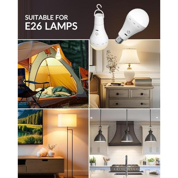 E26 Rechargeable LED Bulbs with Remote Control, 3 Colors Dimmable E26 Battery Operated Light Bulbs with Timer, Rechargeable Emergency Lights 2-Pack