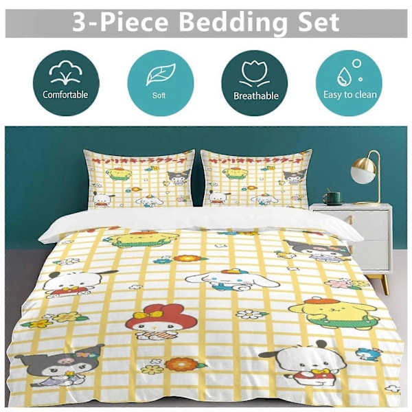 v1193 Sanrio Quilt Set Tjockt Mjukt 3-delars Sängklädesset Året Runt Täcke med 2 Örngott för Vuxna Kvinnor Flickor Tonåringar Hem Rum Inredning io1193 135x200cm 53x78in