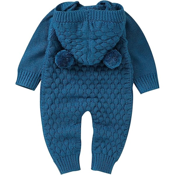 Nyfödd flicka stickad jumpsuit med mössa En-delad kläder tröja Rompers för 0-24 månader 80 Blue