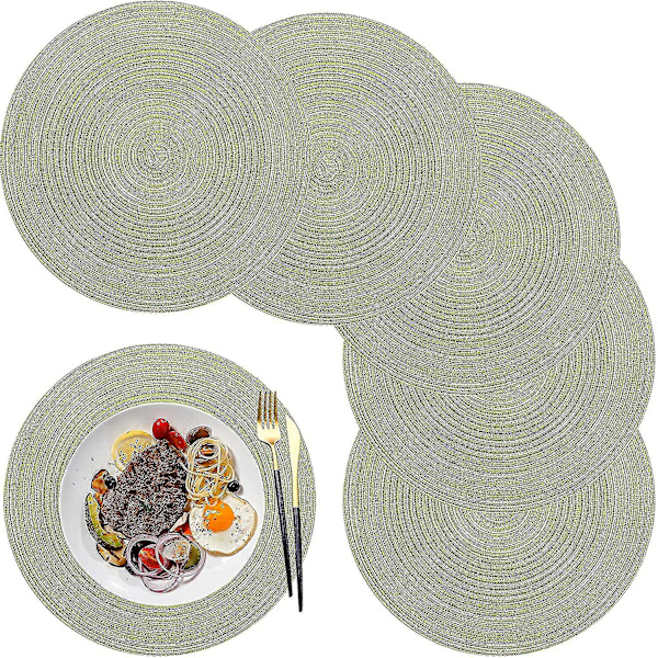 Runda placemats, set om 6 tvättbara värmebeständiga halkfria placemats i pp-fläta, 36 cm (gröna)